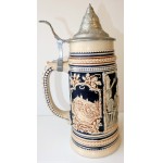 Ancienne chope, bock, pichet a bi�re en gr�s avec couvercle en �tain 